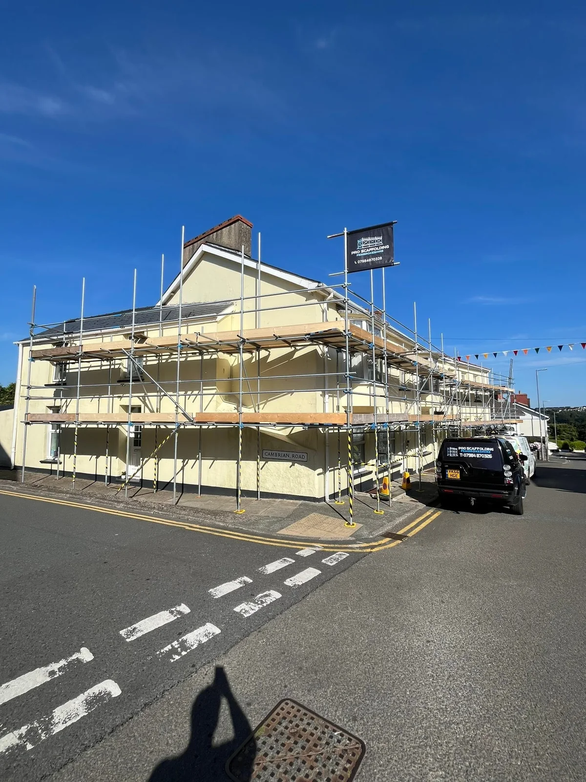 Completed scaffold viewed from the road
